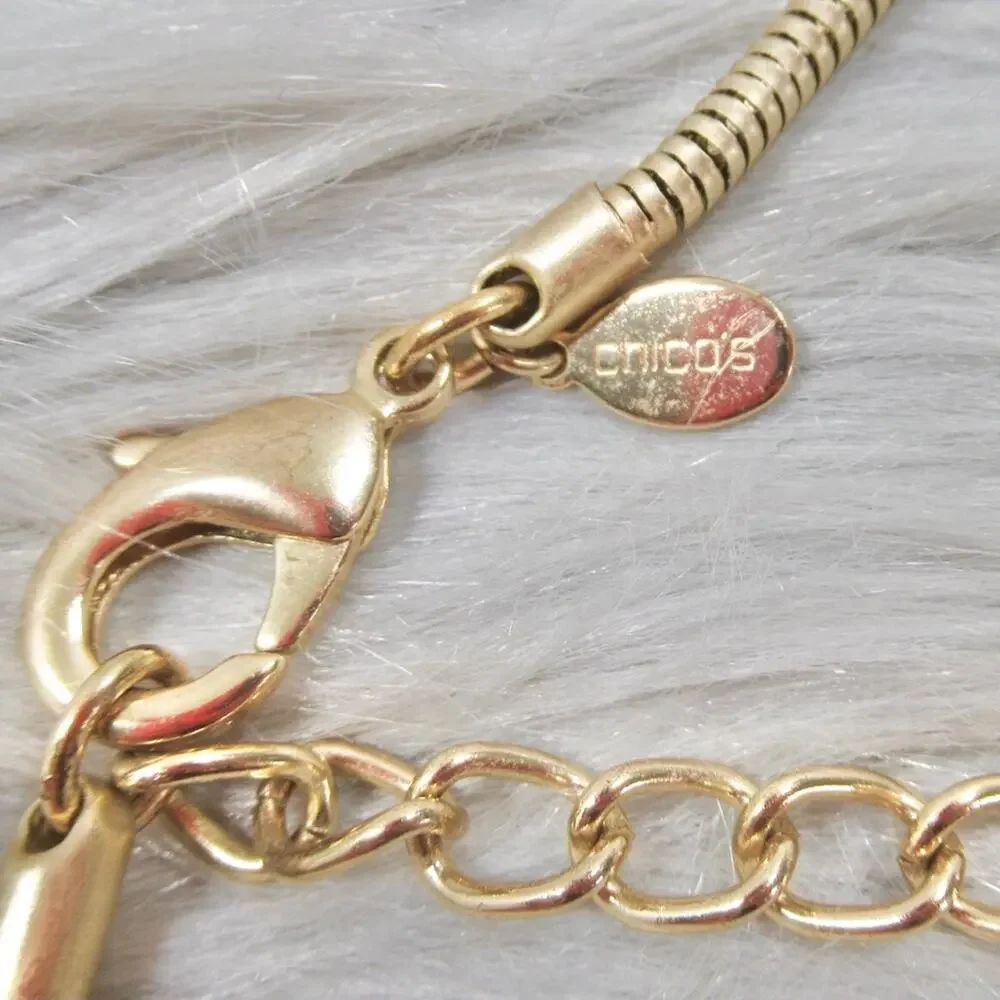 CHICO’S Gabby Pendant Necklace Gold Looped Long Snakechain Tassel
